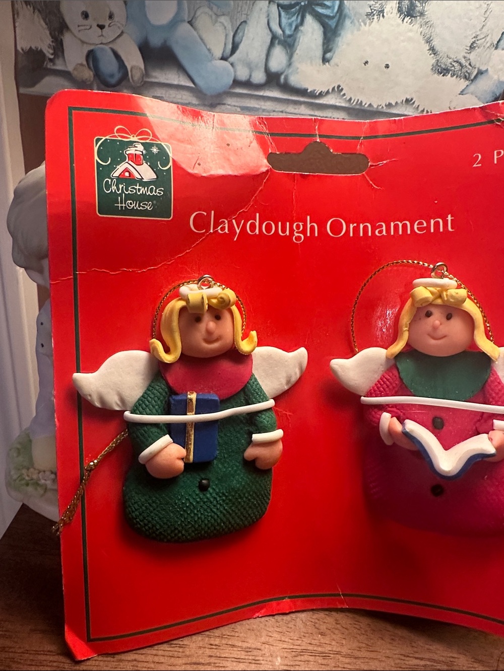 Christmas House Green &Red Angel Claydough Ornament - 2 Pack